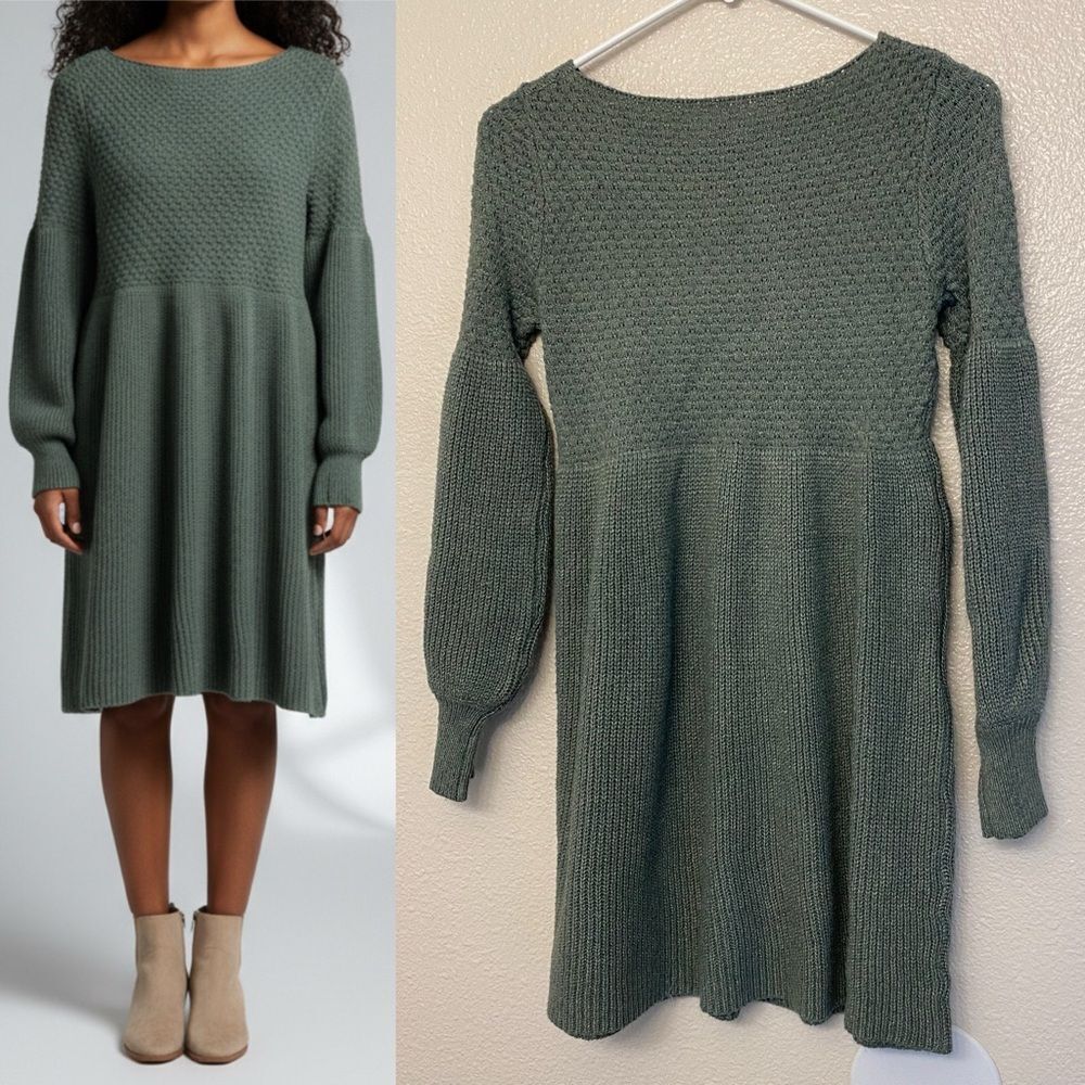 Crew neck green cozy sweater dress waffle knit modest women’s size small